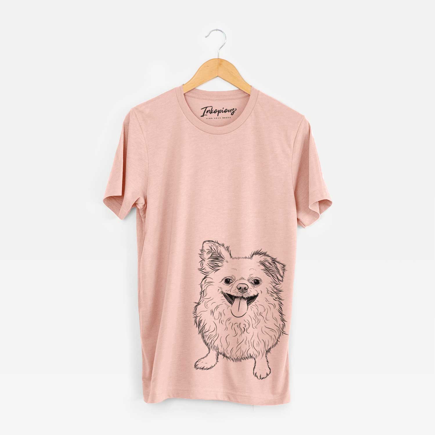 Hand-drawn sketch of Stuart the Longhaired Chihuahua on a Peach Unisex crewneck