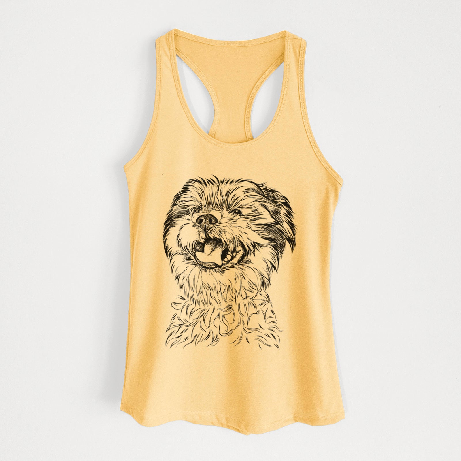 Hand-drawn sketch of Sugar the Malshi on a Banana Cream Women's racerback tanktop