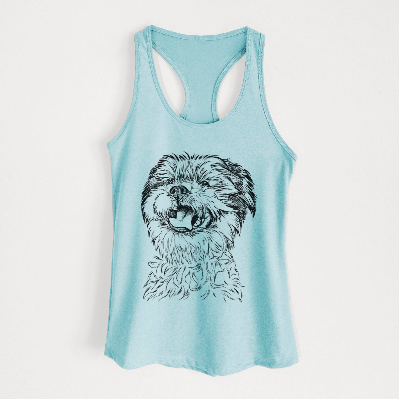 Hand-drawn sketch of Sugar the Malshi on a Cancun Blue Women's racerback tanktop