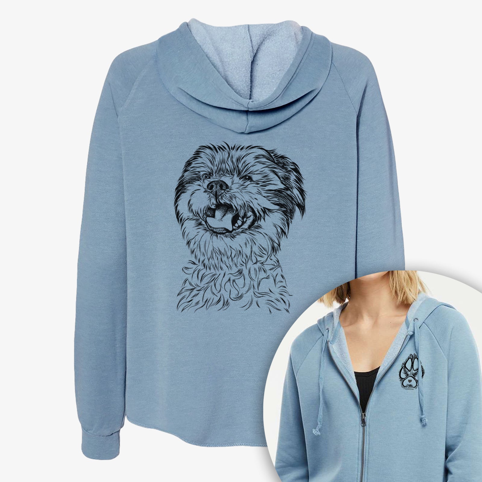 Hand-drawn sketch of Sugar the Malshi on a Women's cali wave zip-up sweatshirt, shown with icons of the other available costume styles