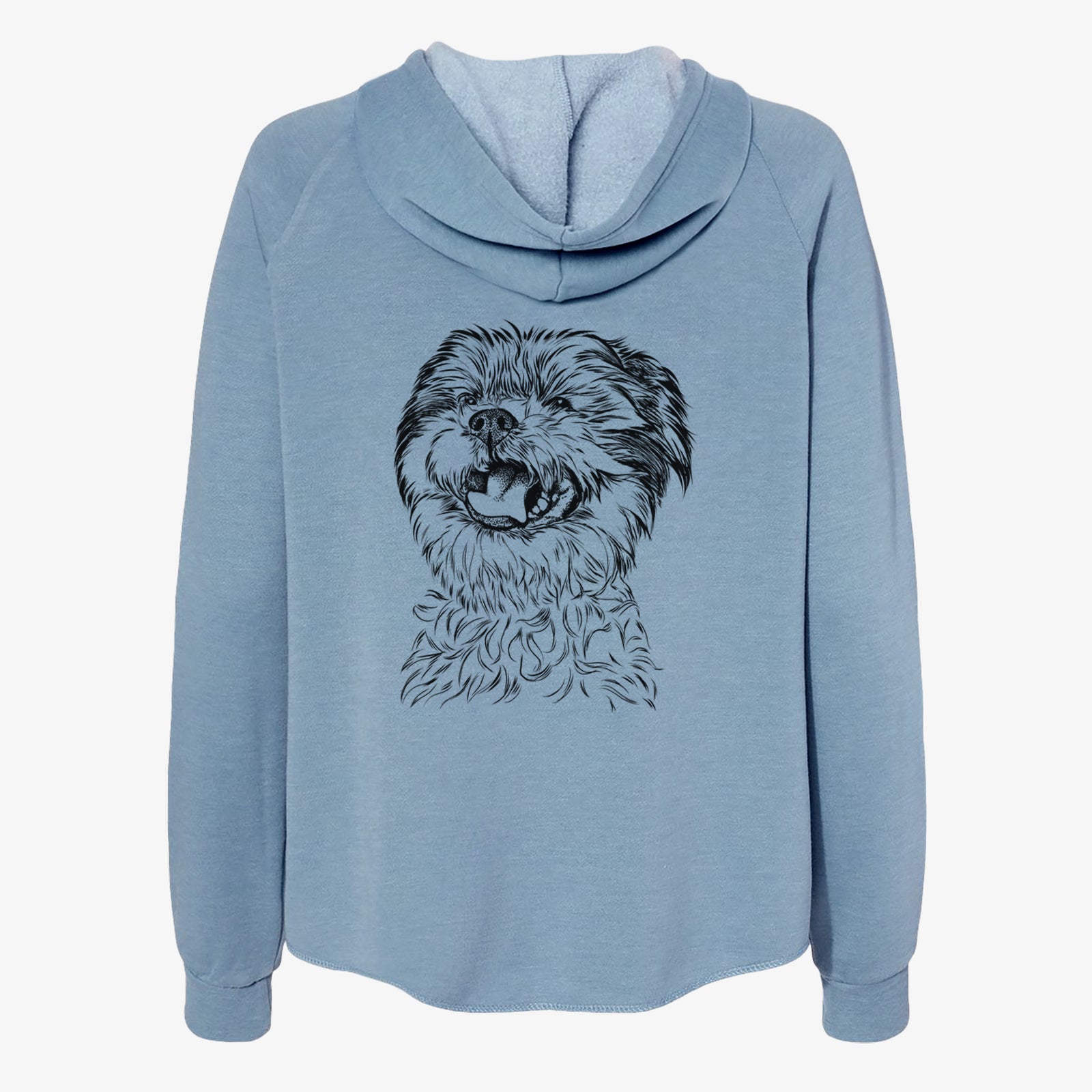 Hand-drawn sketch of Sugar the Malshi on a Misty Blue Women's cali wave zip-up sweatshirt