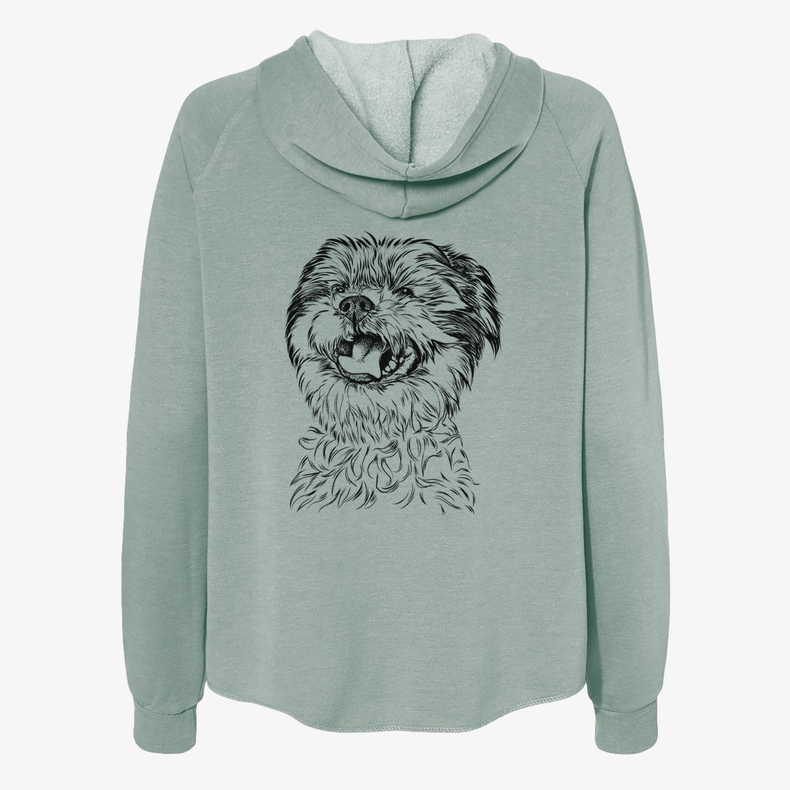 Hand-drawn sketch of Sugar the Malshi on a Sage Women's cali wave zip-up sweatshirt