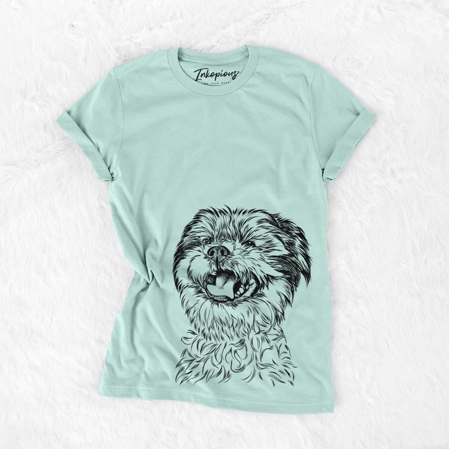 Hand-drawn sketch of Sugar the Malshi on a Heather Sage Bella Canvas Unisex Crewneck