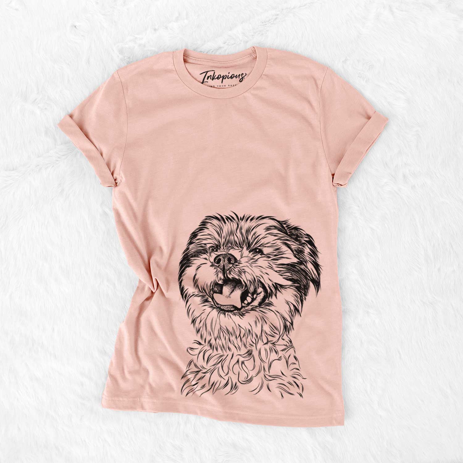 Hand-drawn sketch of Sugar the Malshi on a Peach Bella Canvas Unisex Crewneck