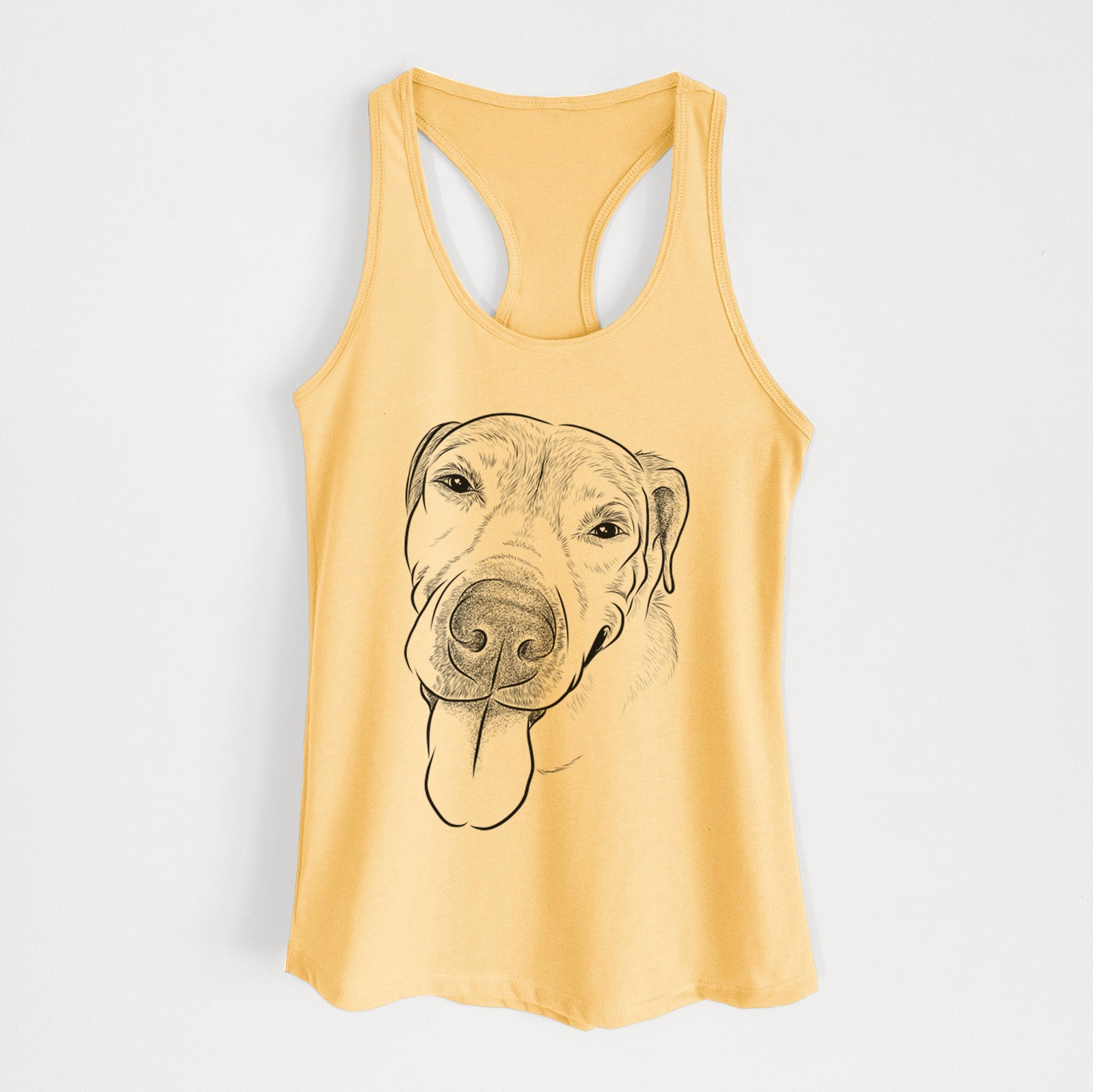 Hand-drawn sketch of Sugar the Staffordshire Terrier Mix on a Banana Cream Women's racerback tanktop