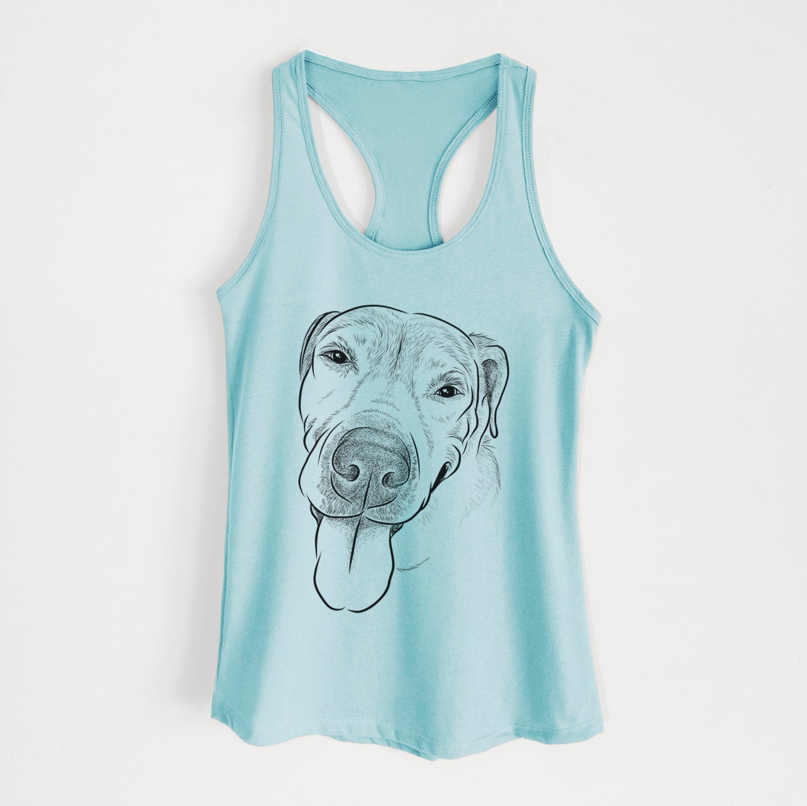 Hand-drawn sketch of Sugar the Staffordshire Terrier Mix on a Cancun Blue Women's racerback tanktop