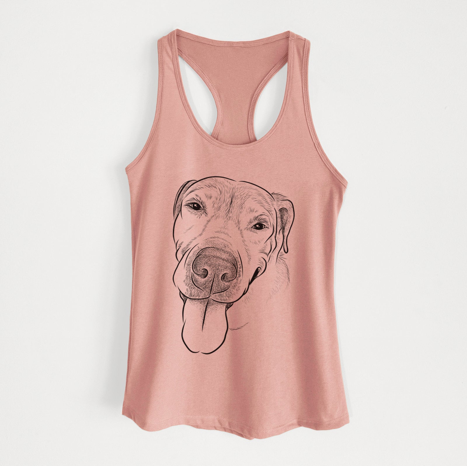Hand-drawn sketch of Sugar the Staffordshire Terrier Mix on a Desert Pink Women's racerback tanktop