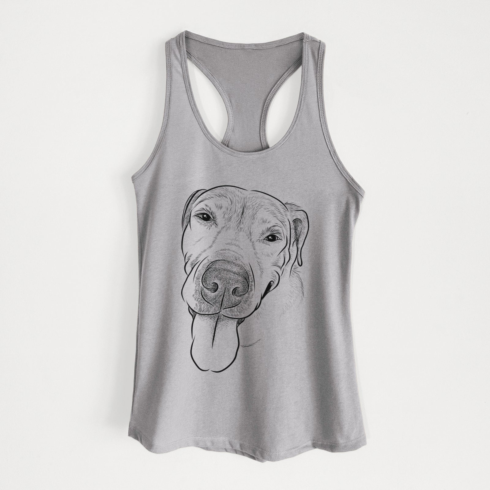 Hand-drawn sketch of Sugar the Staffordshire Terrier Mix on a Heather Grey Women's racerback tanktop
