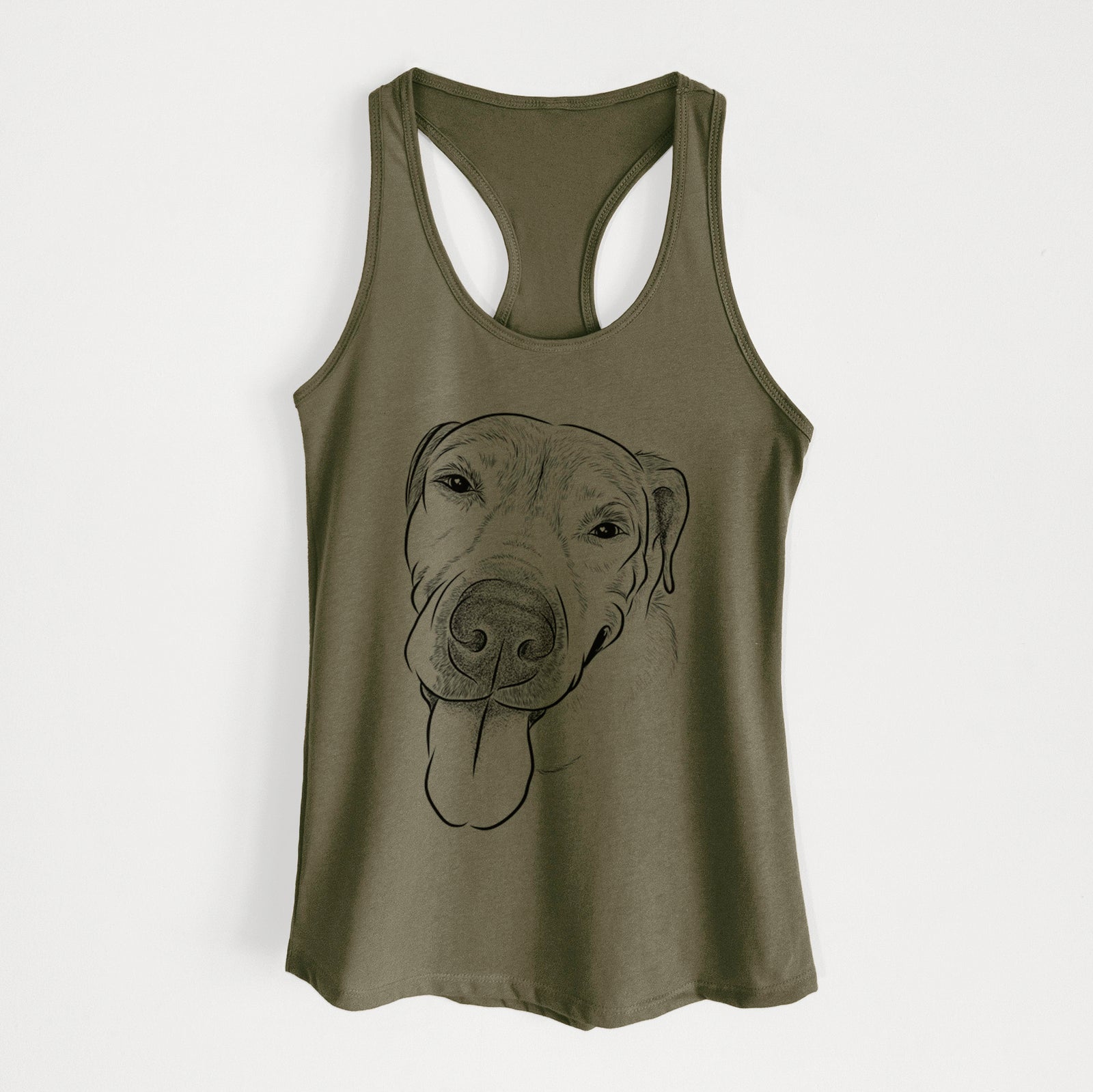 Hand-drawn sketch of Sugar the Staffordshire Terrier Mix on a Military Green Women's racerback tanktop