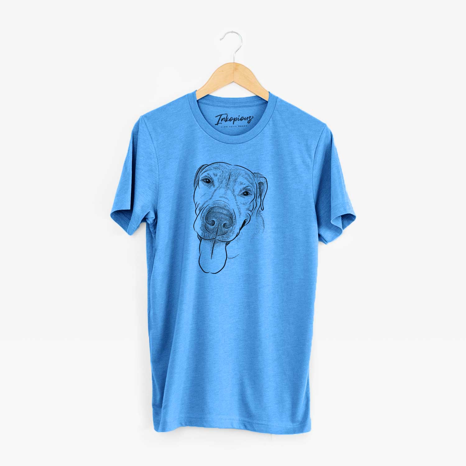 Hand-drawn sketch of Sugar the Staffordshire Terrier Mix on a Blue Unisex crewneck