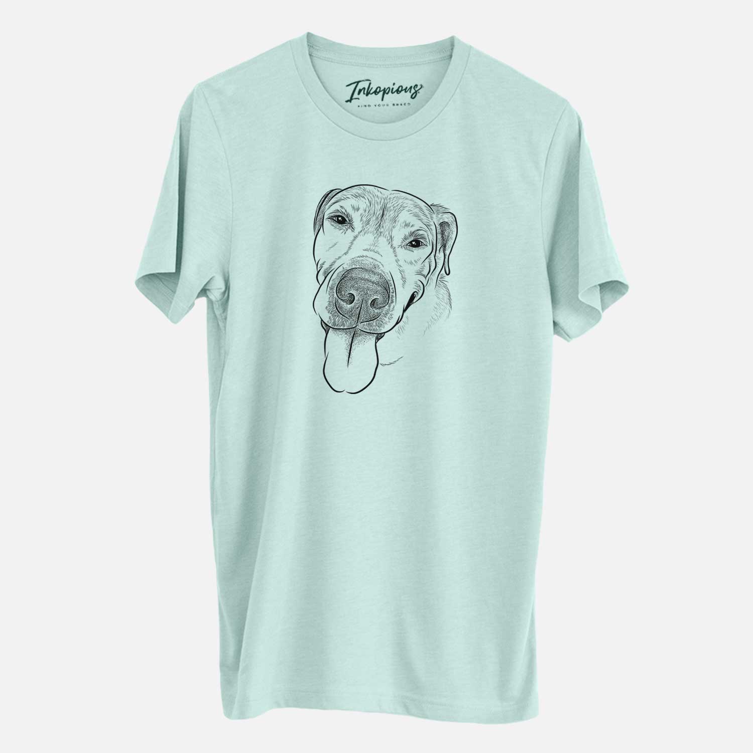 Hand-drawn sketch of Sugar the Staffordshire Terrier Mix on a Heather Sage Unisex crewneck