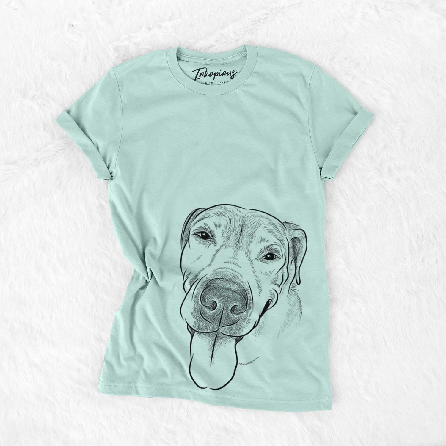 Hand-drawn sketch of Sugar the Staffordshire Terrier Mix on a Heather Sage Unisex crewneck