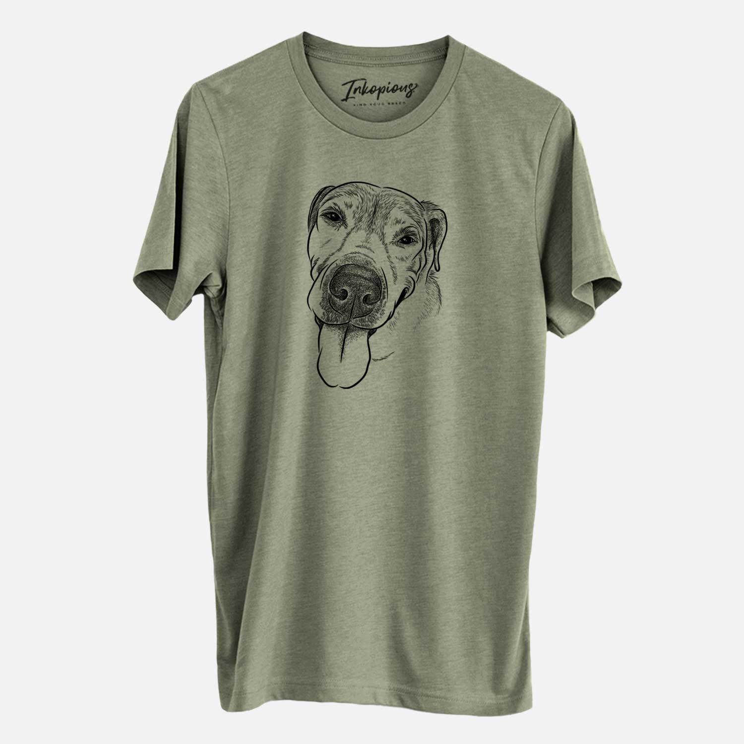Hand-drawn sketch of Sugar the Staffordshire Terrier Mix on an Olive Unisex crewneck