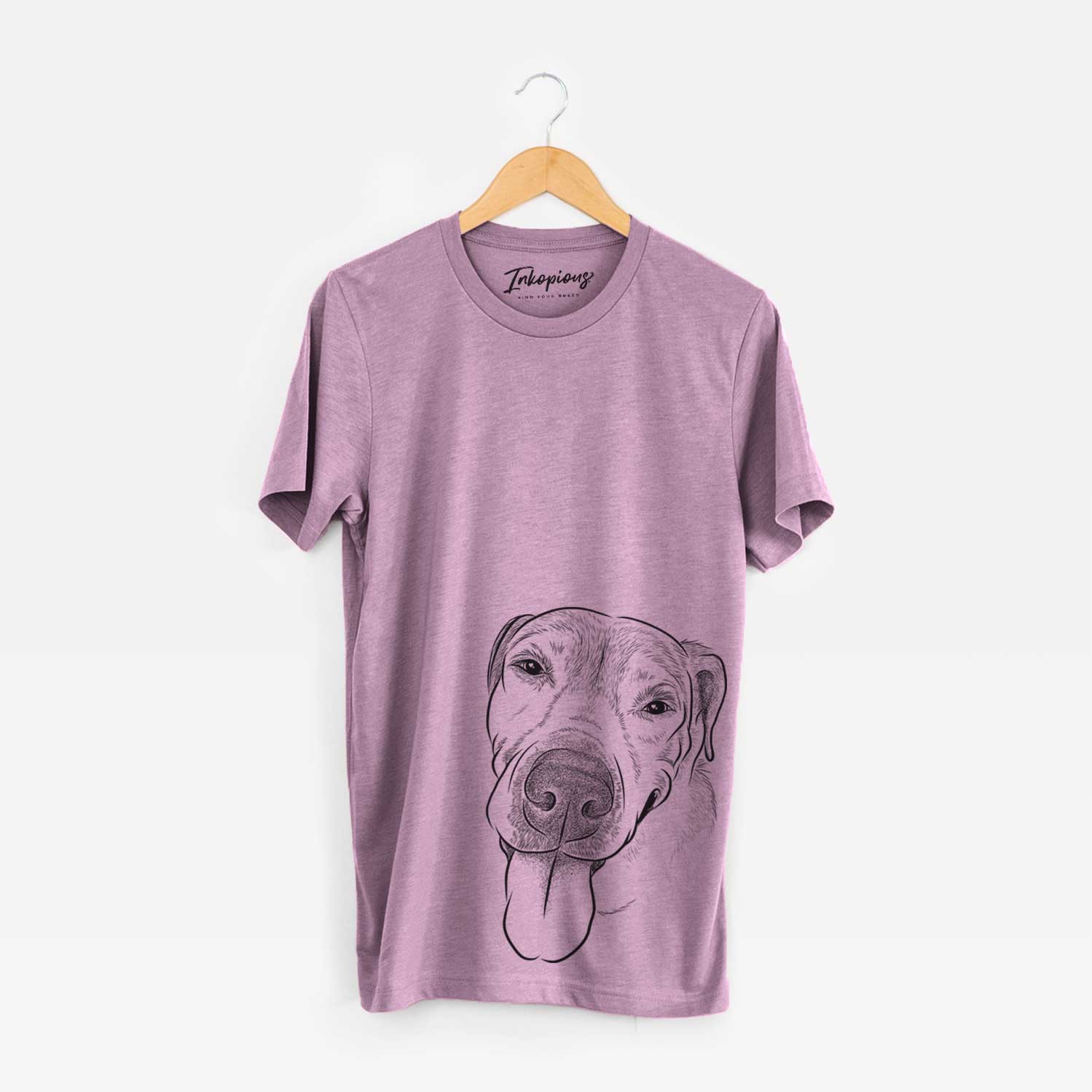 Hand-drawn sketch of Sugar the Staffordshire Terrier Mix on an Orchid Unisex crewneck