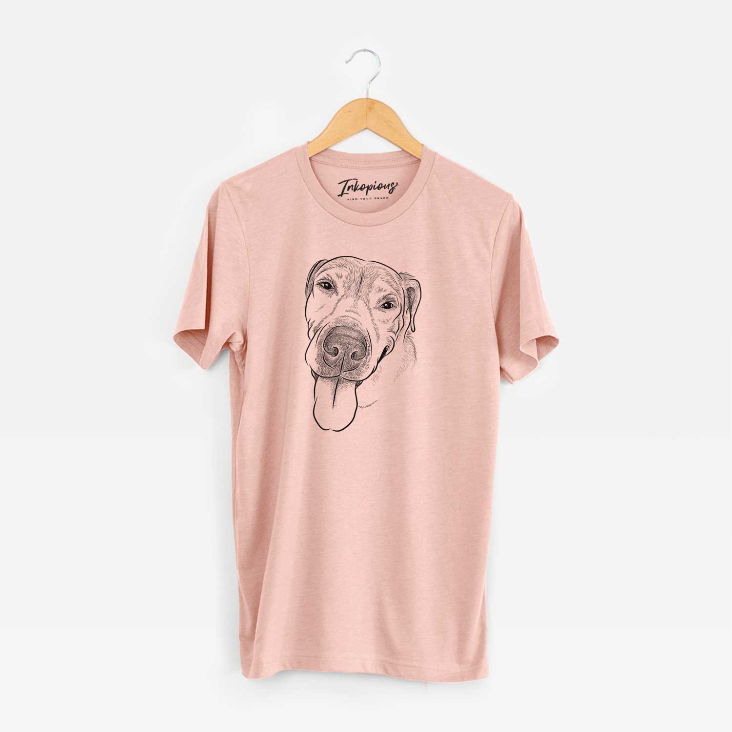 Hand-drawn sketch of Sugar the Staffordshire Terrier Mix on a Peach Unisex crewneck