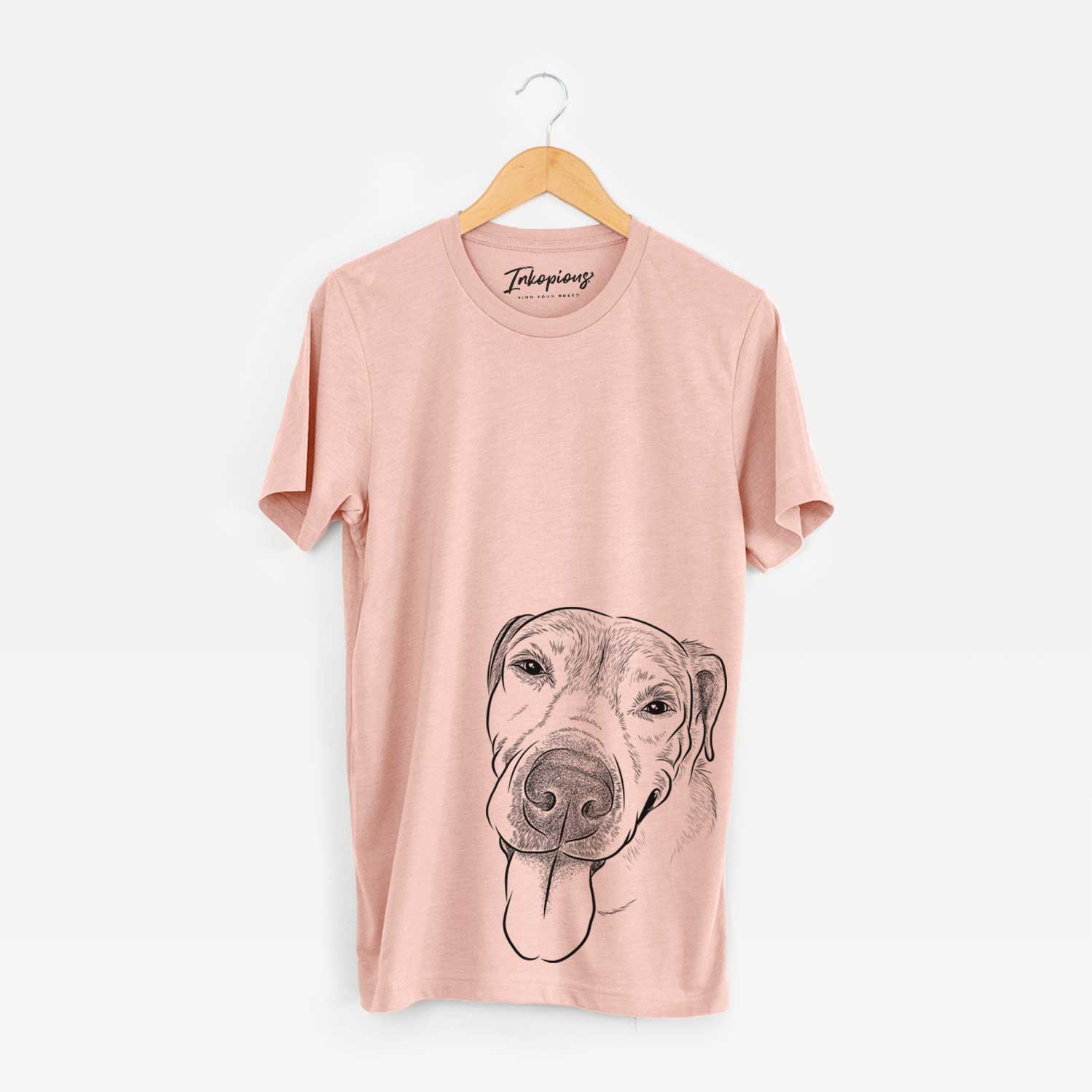 Hand-drawn sketch of Sugar the Staffordshire Terrier Mix on a Peach Unisex crewneck