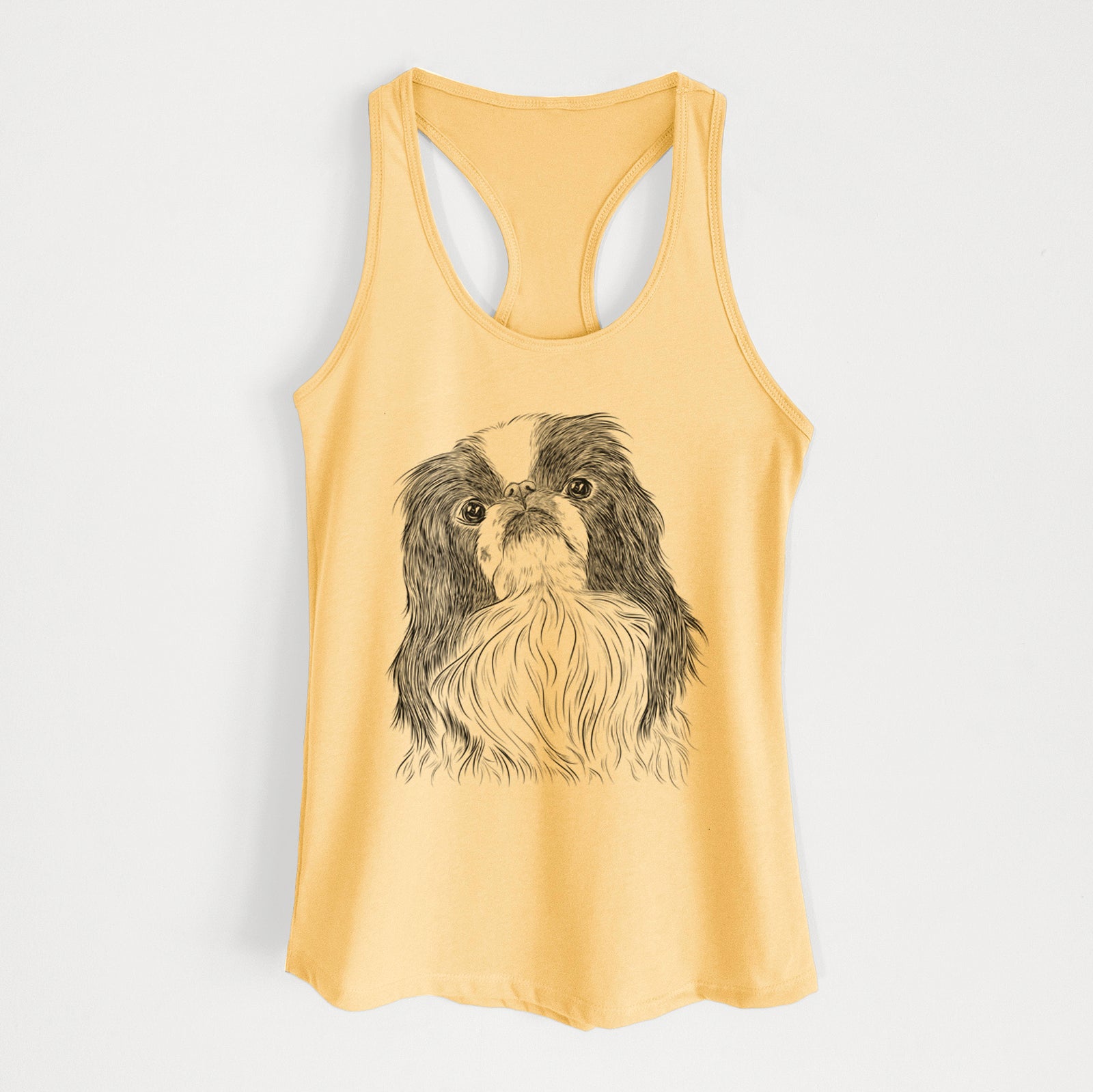 Hand-drawn sketch of Suki the Japanese Chin on a Banana Cream Women's racerback tanktop