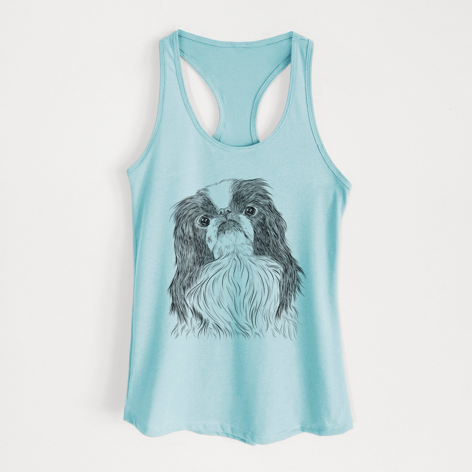 Hand-drawn sketch of Suki the Japanese Chin on a Cancun Blue Women's racerback tanktop