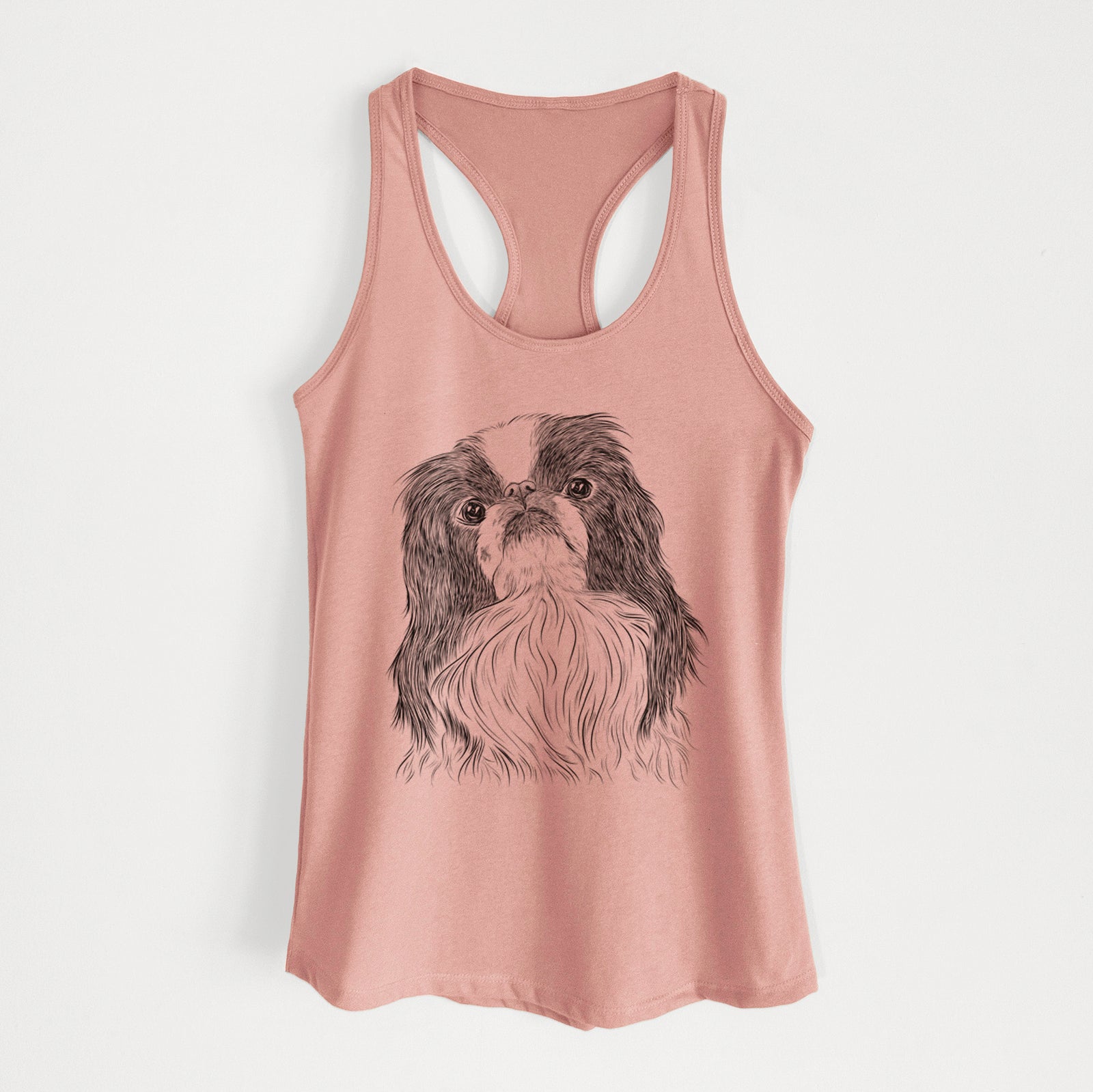 Hand-drawn sketch of Suki the Japanese Chin on a Desert Pink Women's racerback tanktop