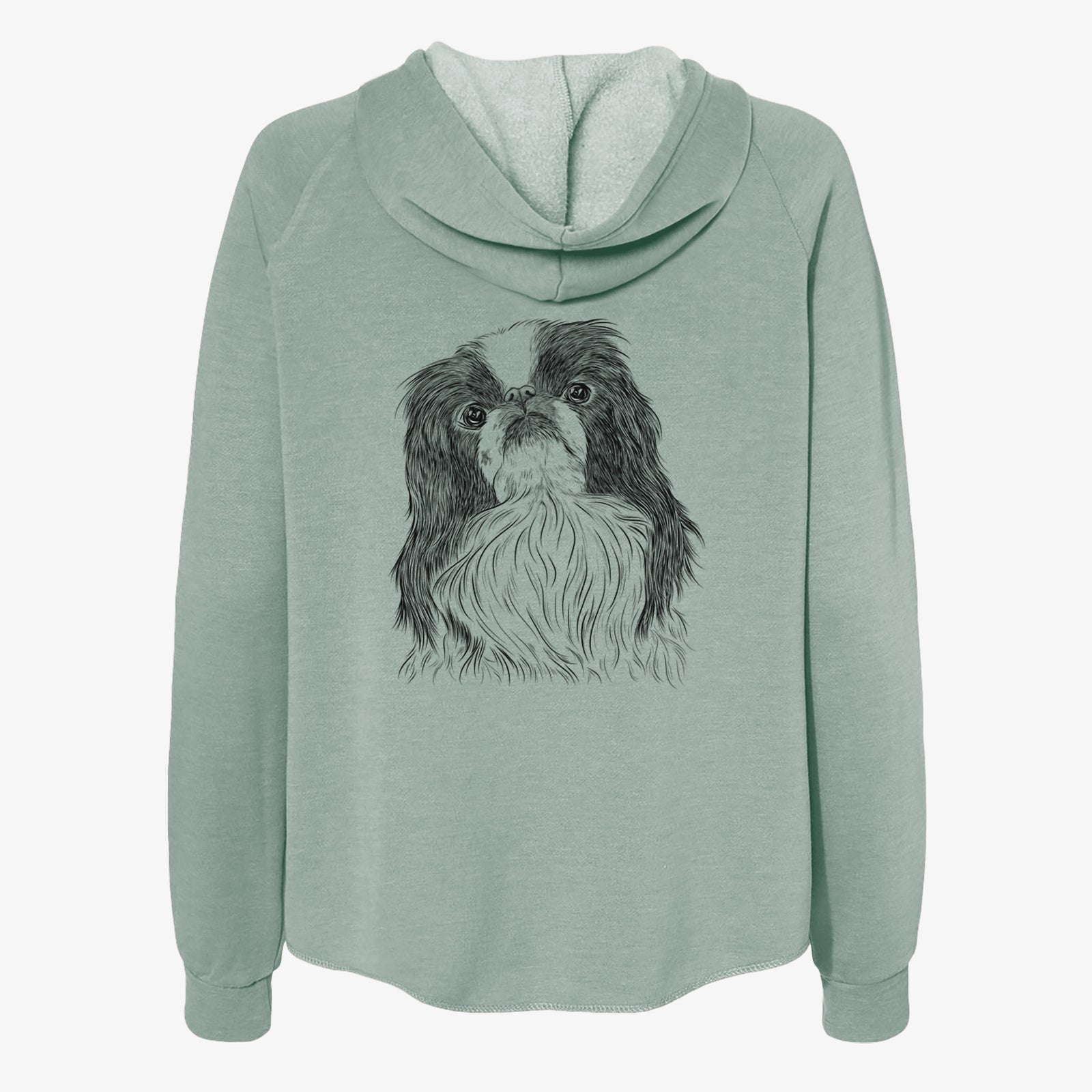 Hand-drawn sketch of Suki the Japanese Chin on a Sage Women's cali wave zip-up sweatshirt