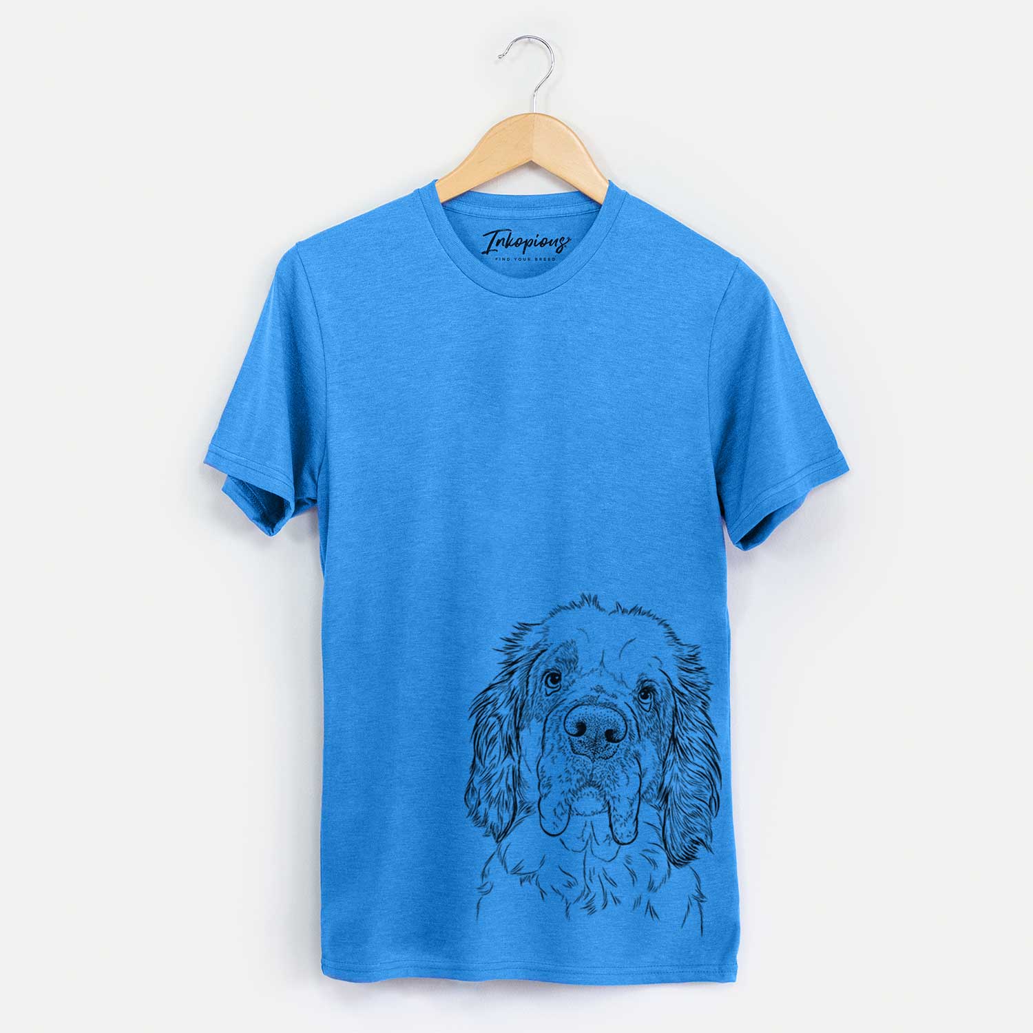 Hand-drawn sketch of Sully the Clumber Spaniel on a Blue Unisex crewneck
