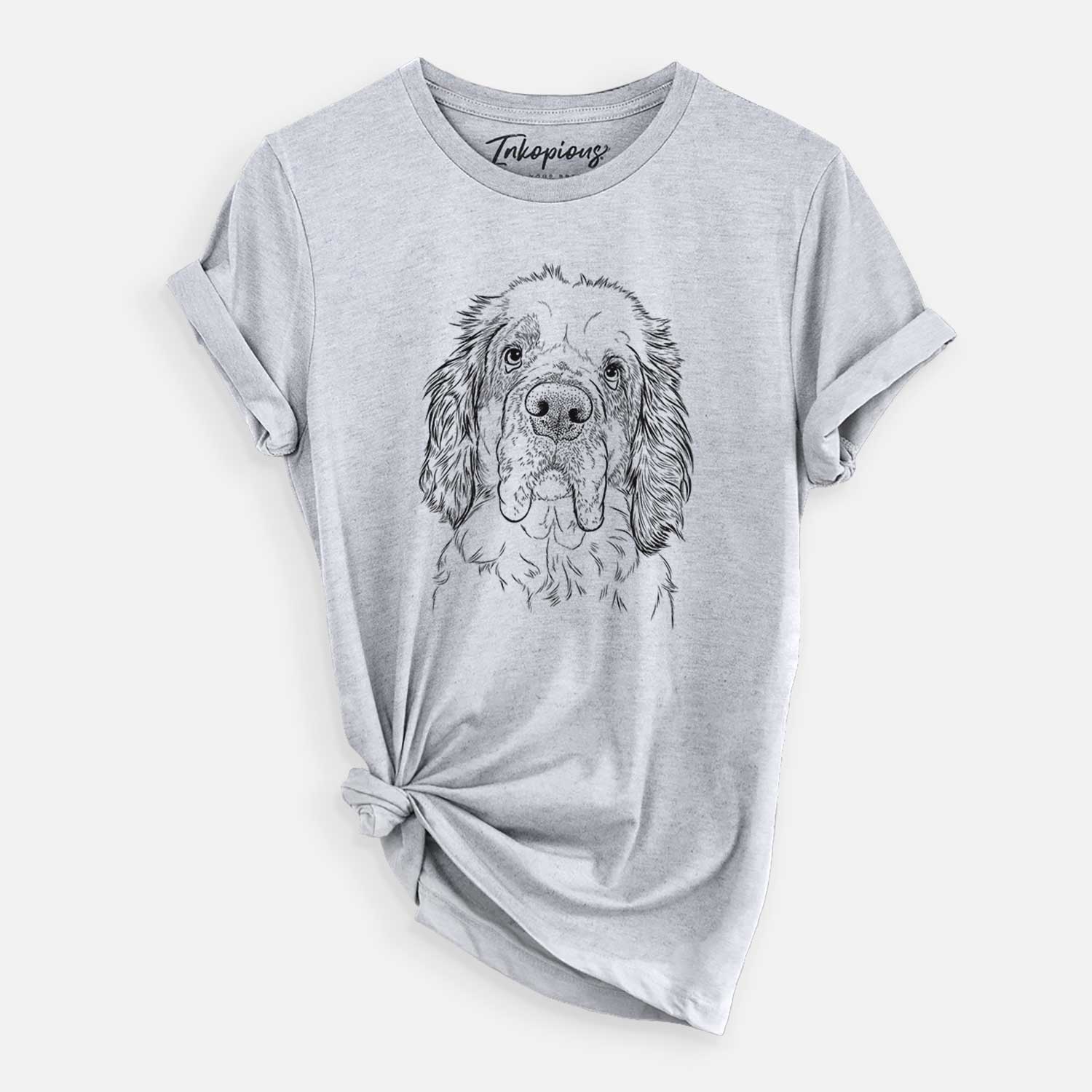 Hand-drawn sketch of Sully the Clumber Spaniel on a Grey Unisex crewneck