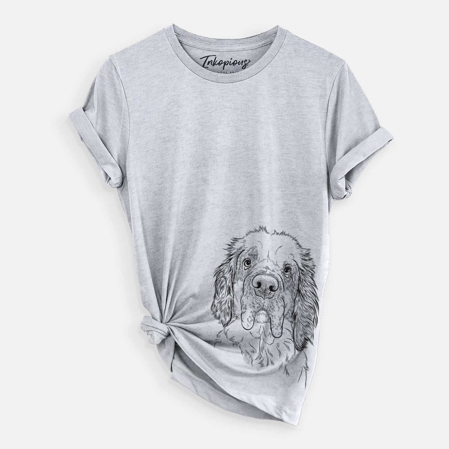 Hand-drawn sketch of Sully the Clumber Spaniel on a Grey Unisex crewneck