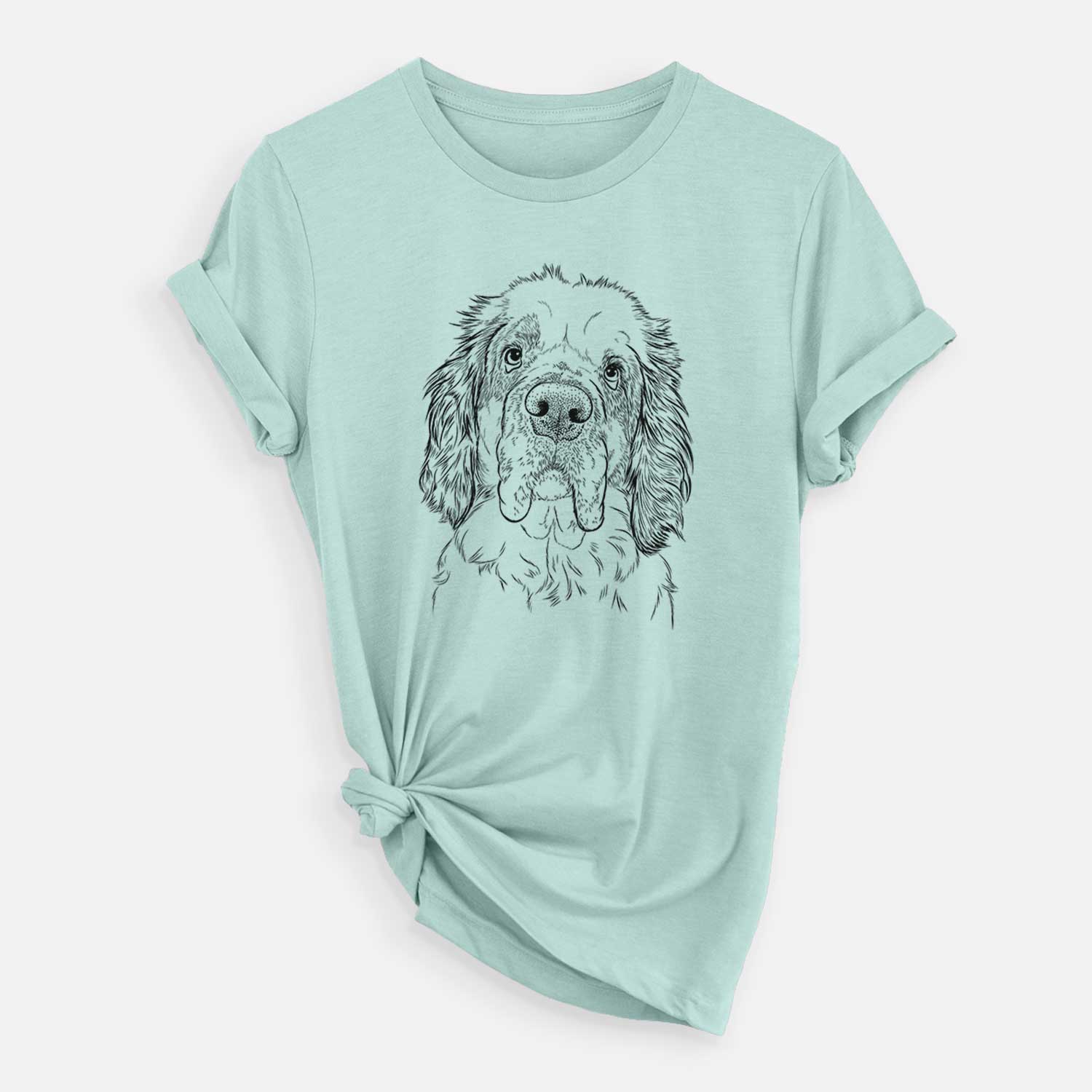 Hand-drawn sketch of Sully the Clumber Spaniel on a Heather Sage Unisex crewneck