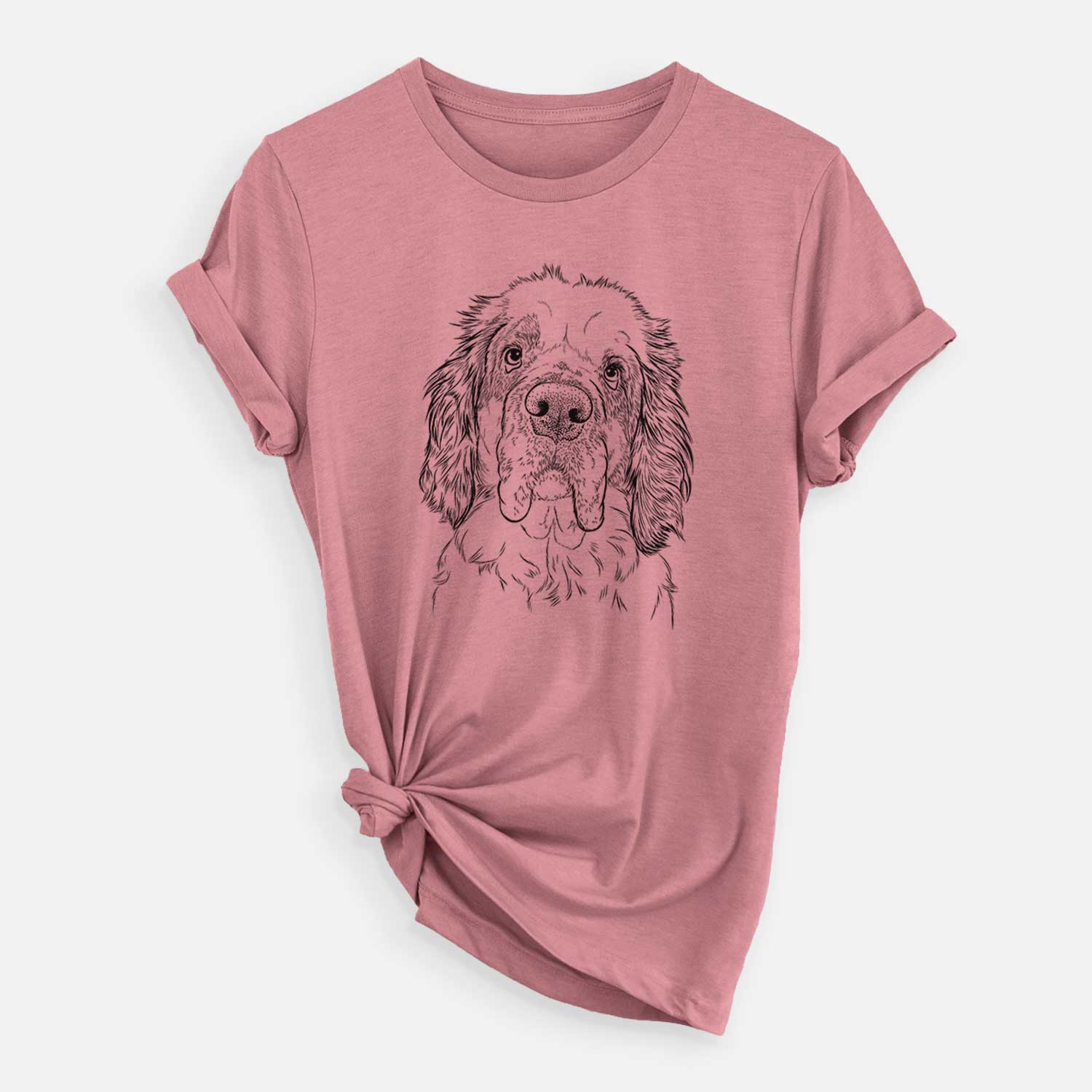 Hand-drawn sketch of Sully the Clumber Spaniel on a Mauve Unisex crewneck