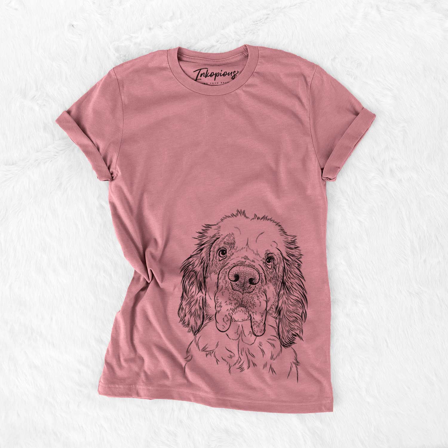 Hand-drawn sketch of Sully the Clumber Spaniel on a Mauve Unisex crewneck