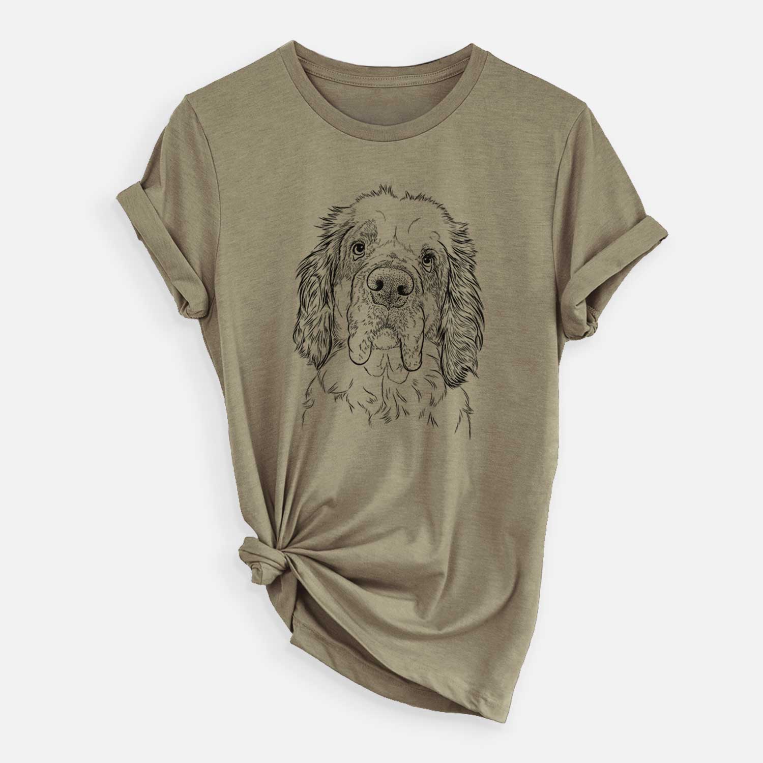 Hand-drawn sketch of Sully the Clumber Spaniel on an Olive Unisex crewneck