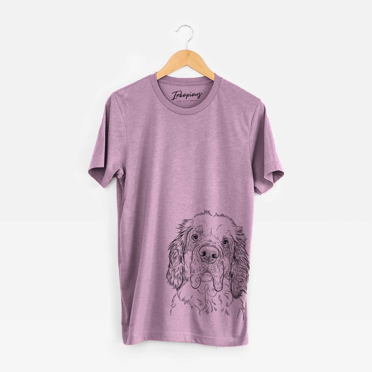Hand-drawn sketch of Sully the Clumber Spaniel on an Orchid Unisex crewneck