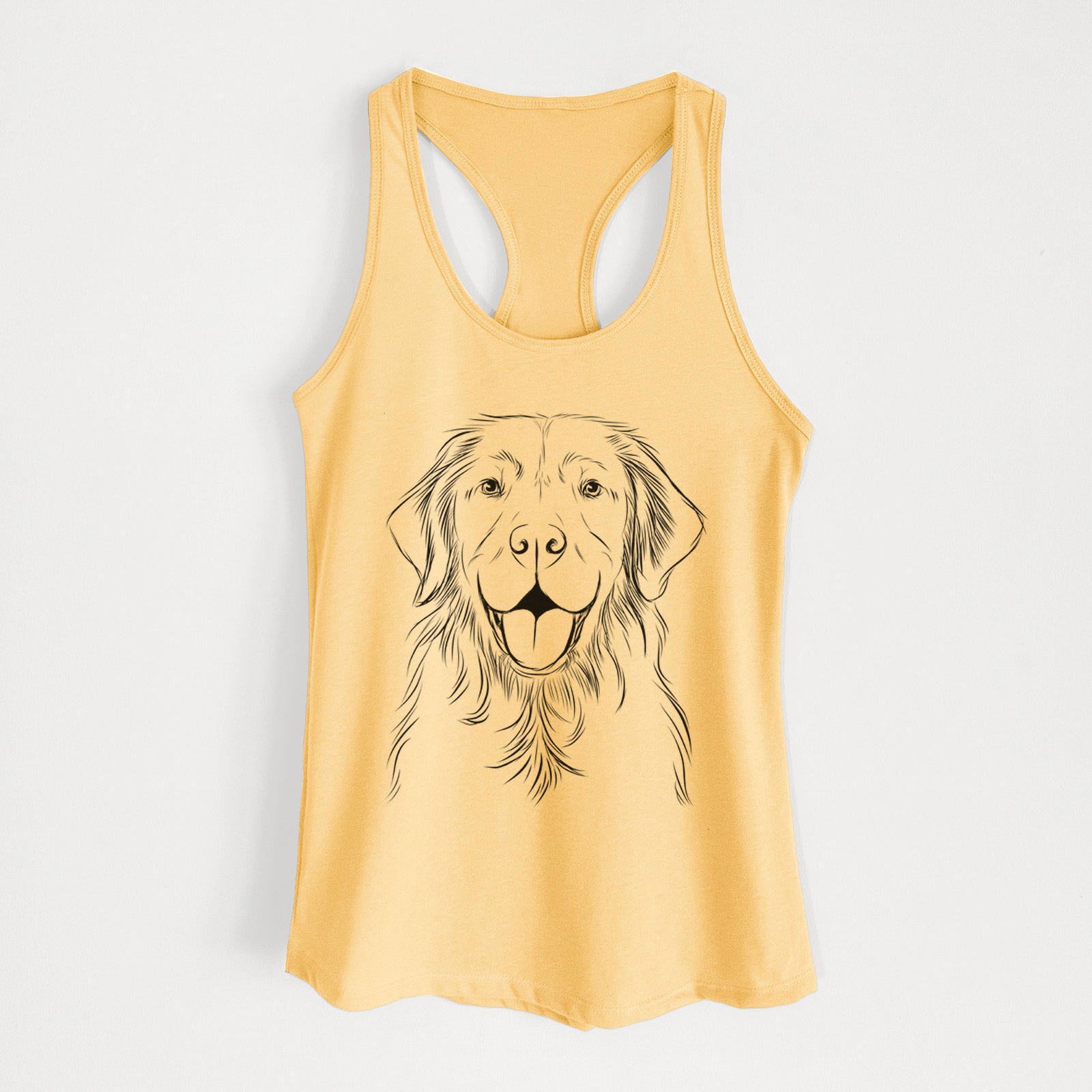Hand-drawn sketch of Sunny the Golden Retriever on a Banana Cream Women's racerback tanktop