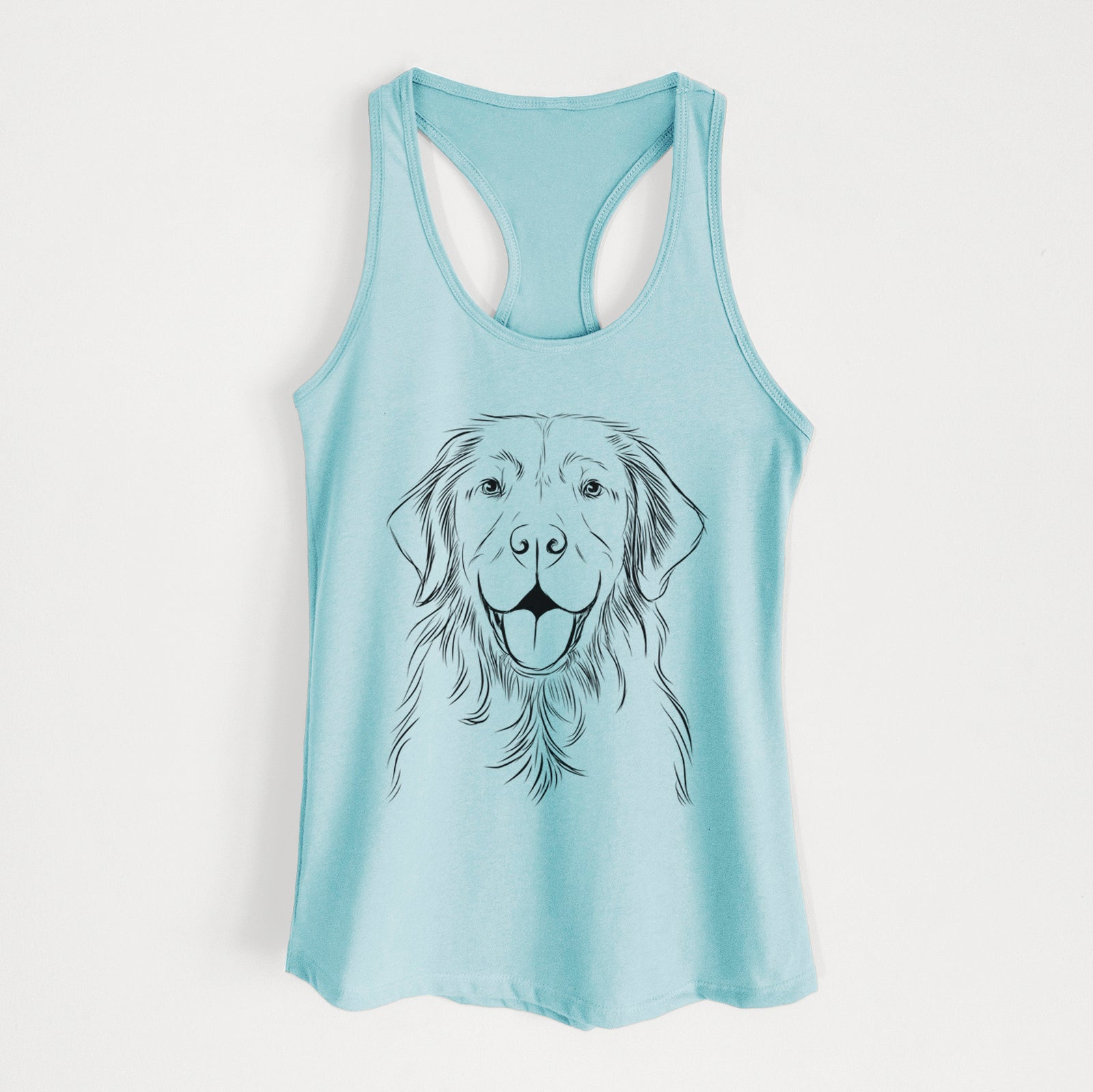 Hand-drawn sketch of Sunny the Golden Retriever on a Cancun Blue Women's racerback tanktop