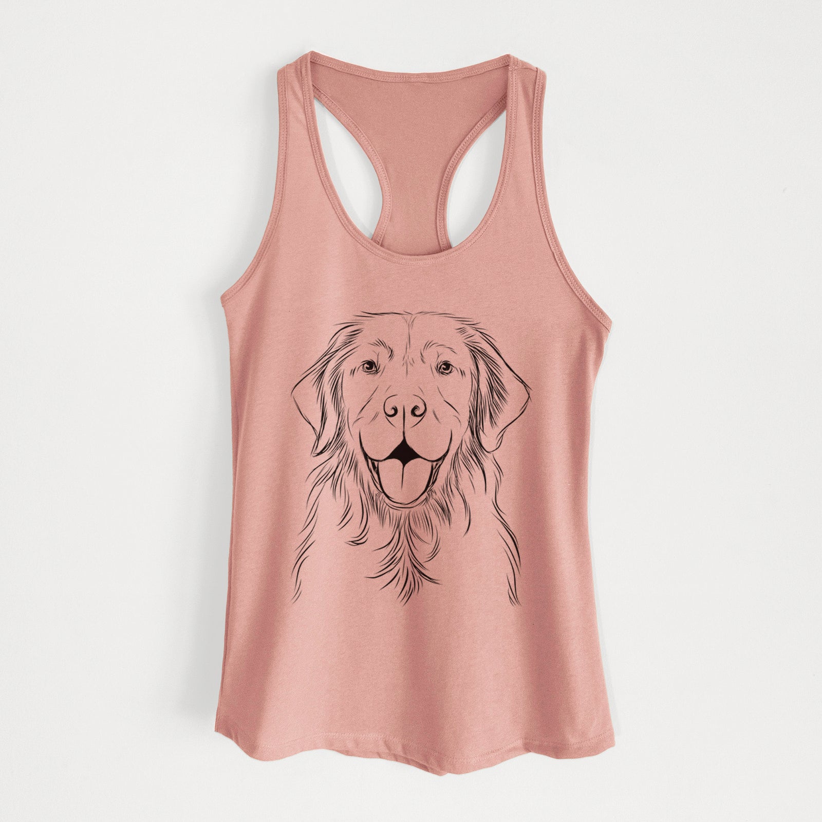 Hand-drawn sketch of Sunny the Golden Retriever on a Desert Pink Women's racerback tanktop