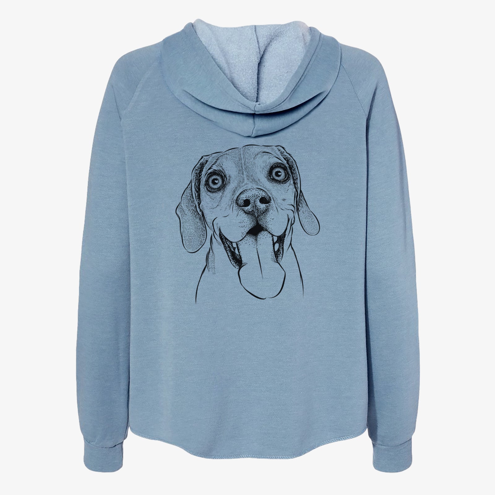Hand-drawn sketch of Sunny the Beagle on a Misty Blue Women's cali wave zip-up sweatshirt