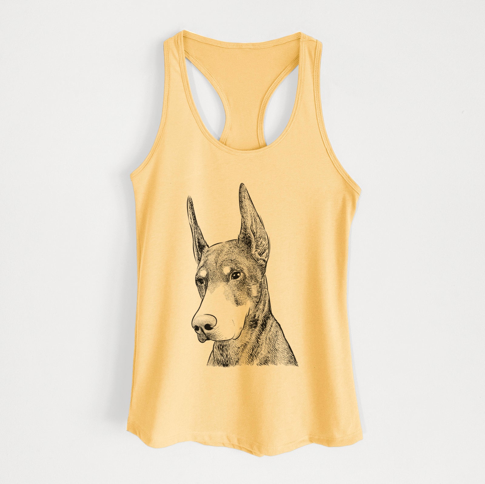 Hand-drawn sketch of Sunny the Doberman Pinscher on a Banana Cream Women's racerback tanktop