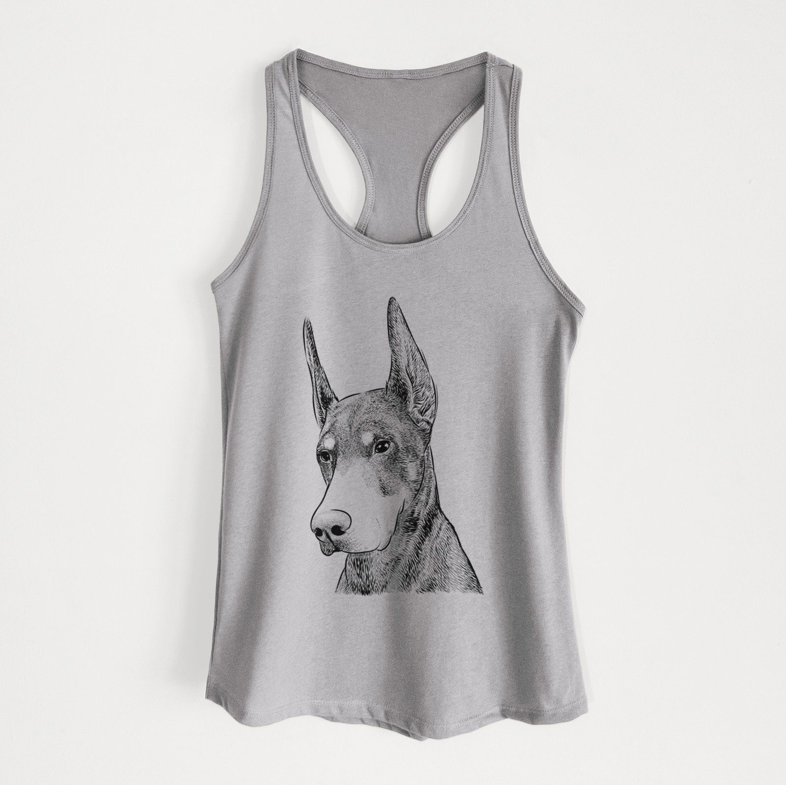 Hand-drawn sketch of Sunny the Doberman Pinscher on a Heather Grey Women's racerback tanktop