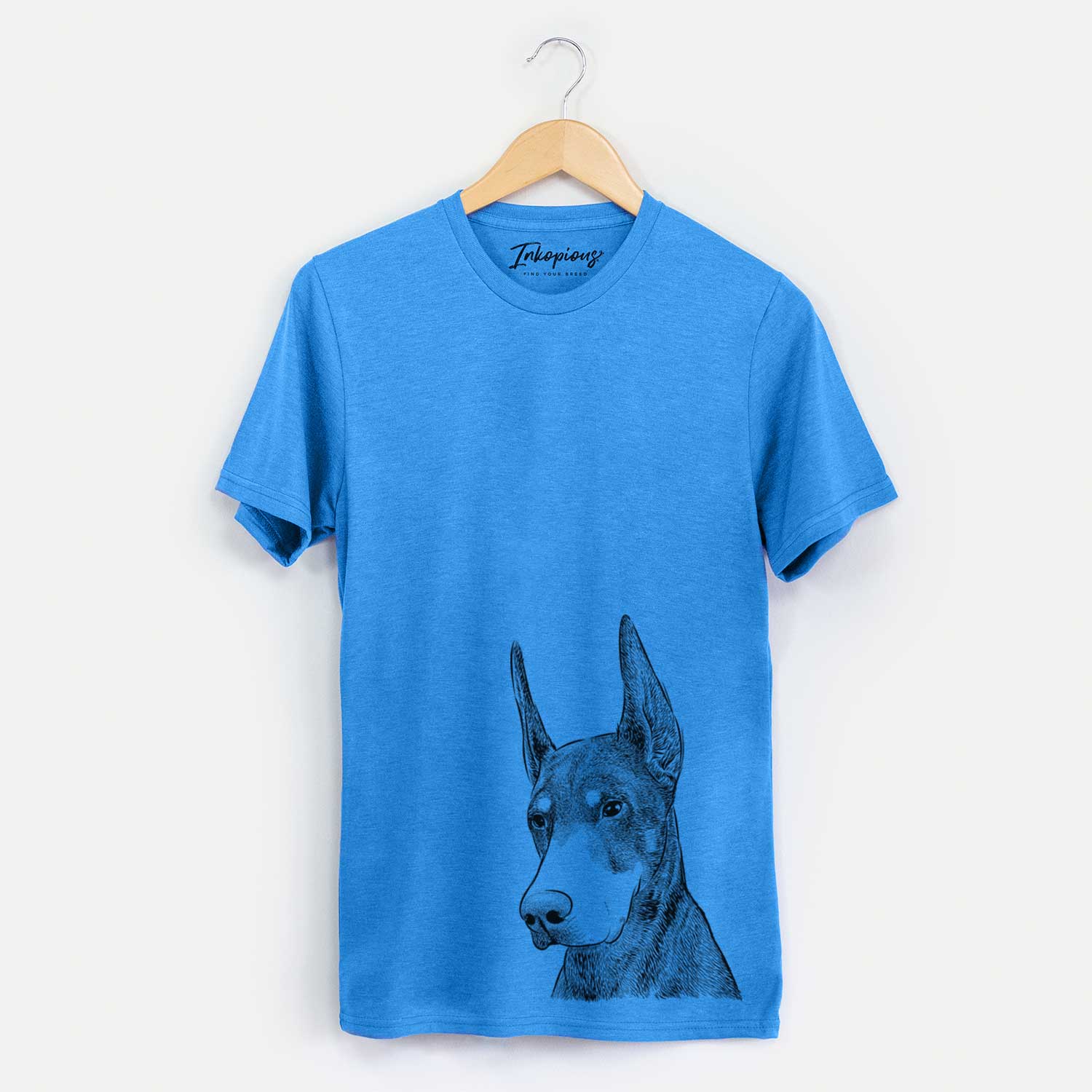 Hand-drawn sketch of Sunny the Doberman Pinscher on a Blue Unisex crewneck