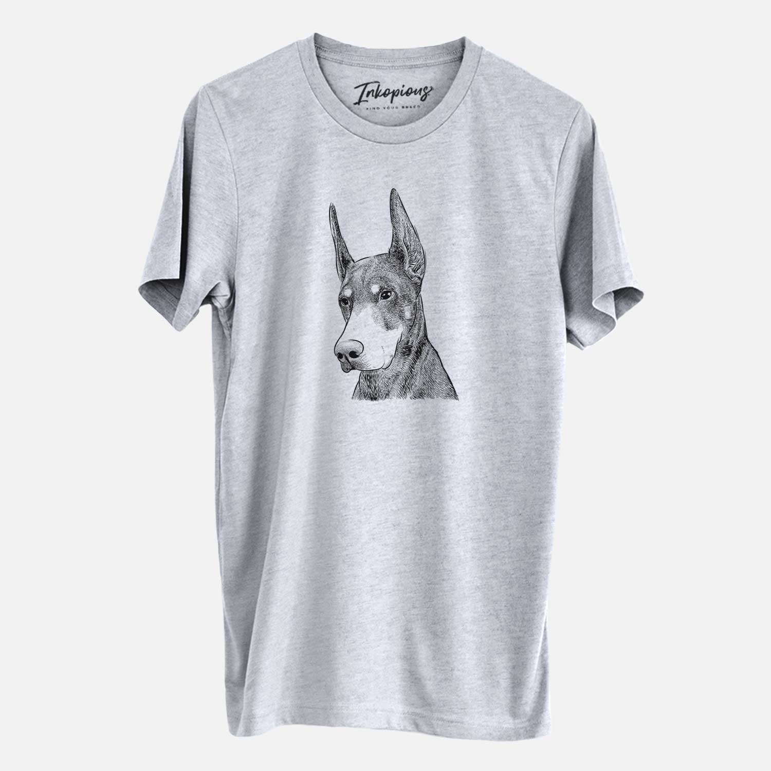 Hand-drawn sketch of Sunny the Doberman Pinscher on a Grey Unisex crewneck