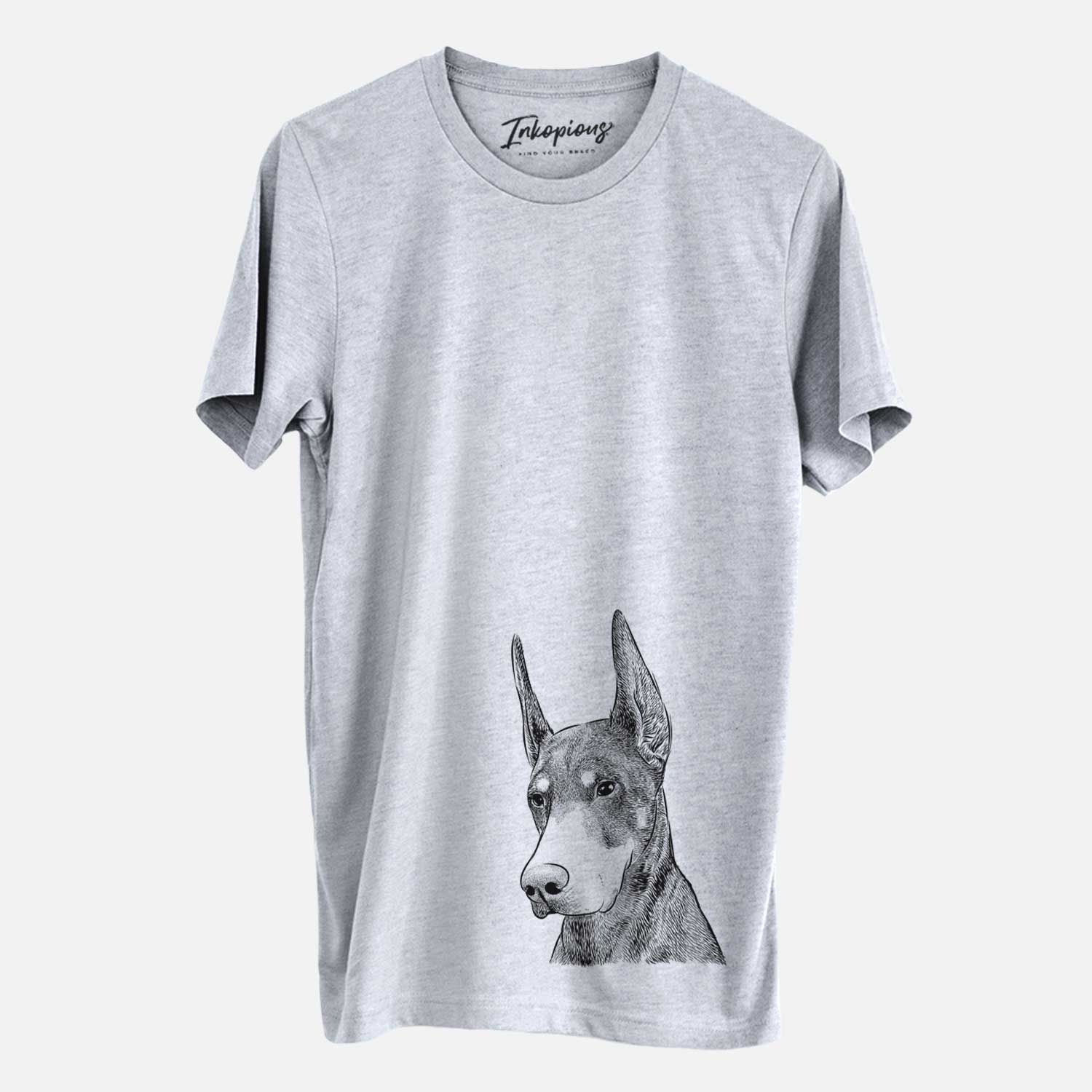 Hand-drawn sketch of Sunny the Doberman Pinscher on a Grey Unisex crewneck
