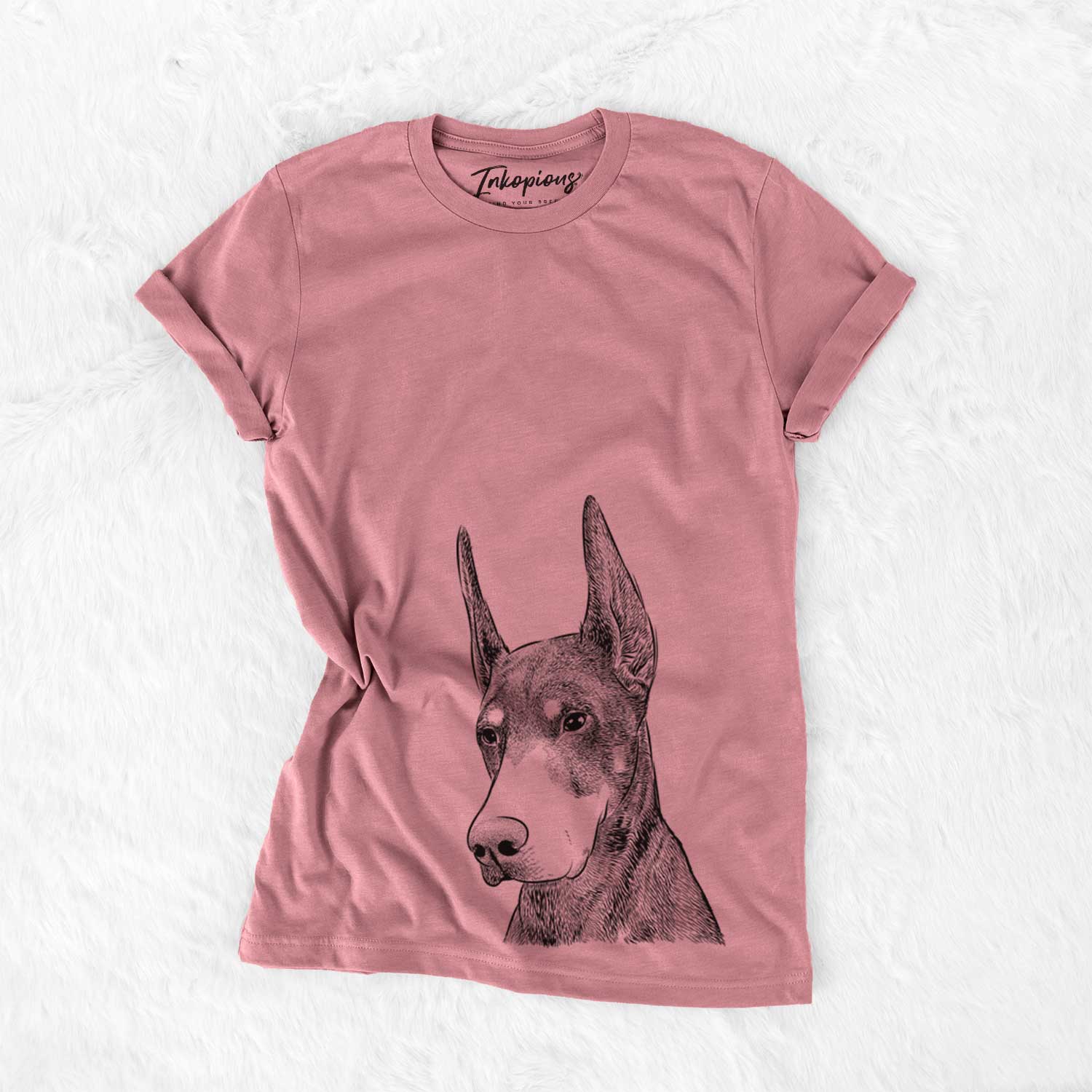 Hand-drawn sketch of Sunny the Doberman Pinscher on a Mauve Bella Canvas Unisex Crewneck