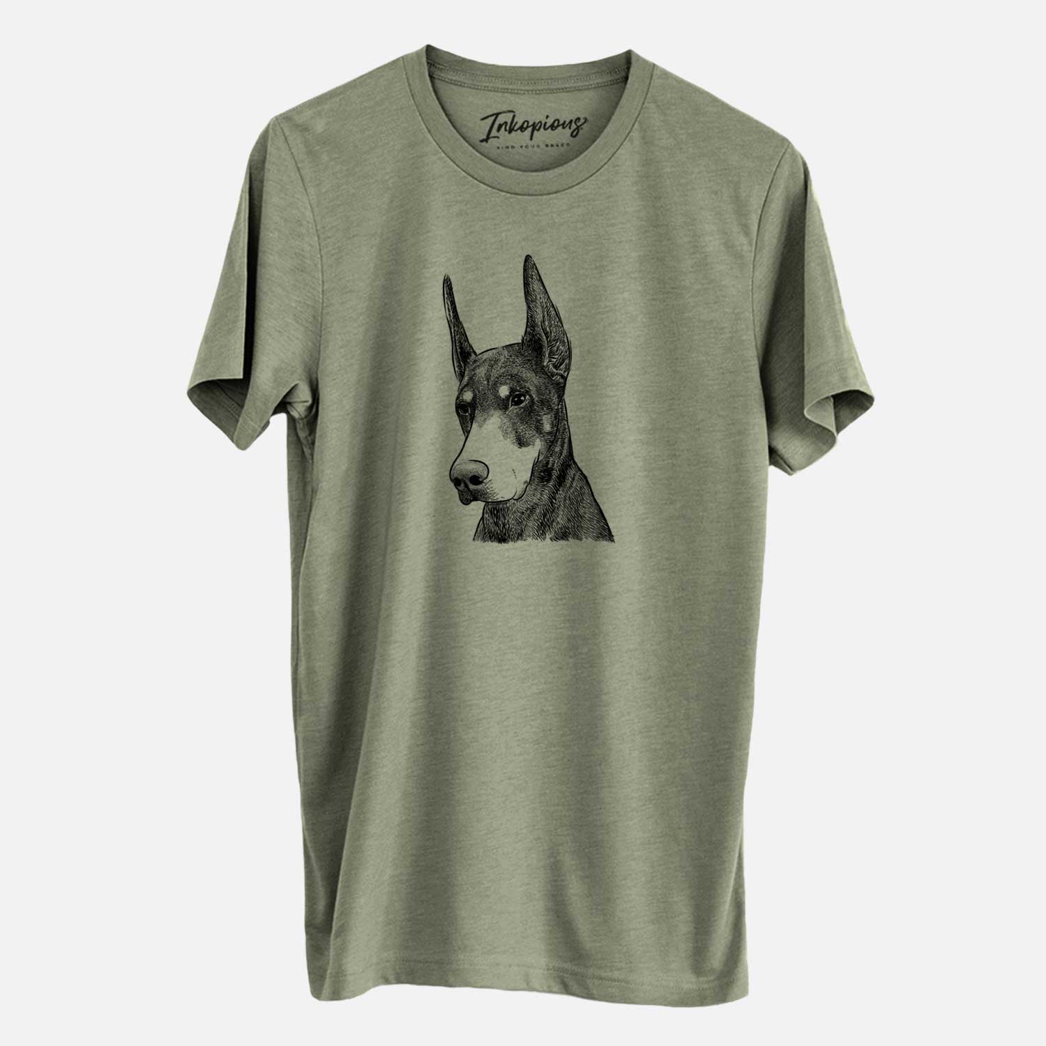 Hand-drawn sketch of Sunny the Doberman Pinscher on an Olive Unisex crewneck