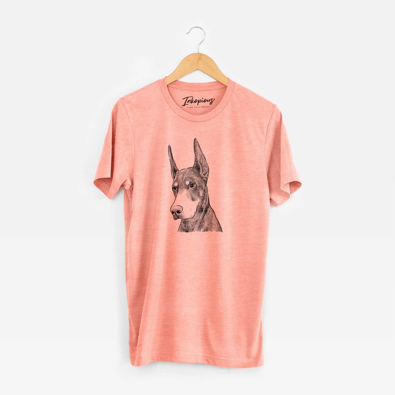 Hand-drawn sketch of Sunny the Doberman Pinscher on a Sunset Unisex crewneck