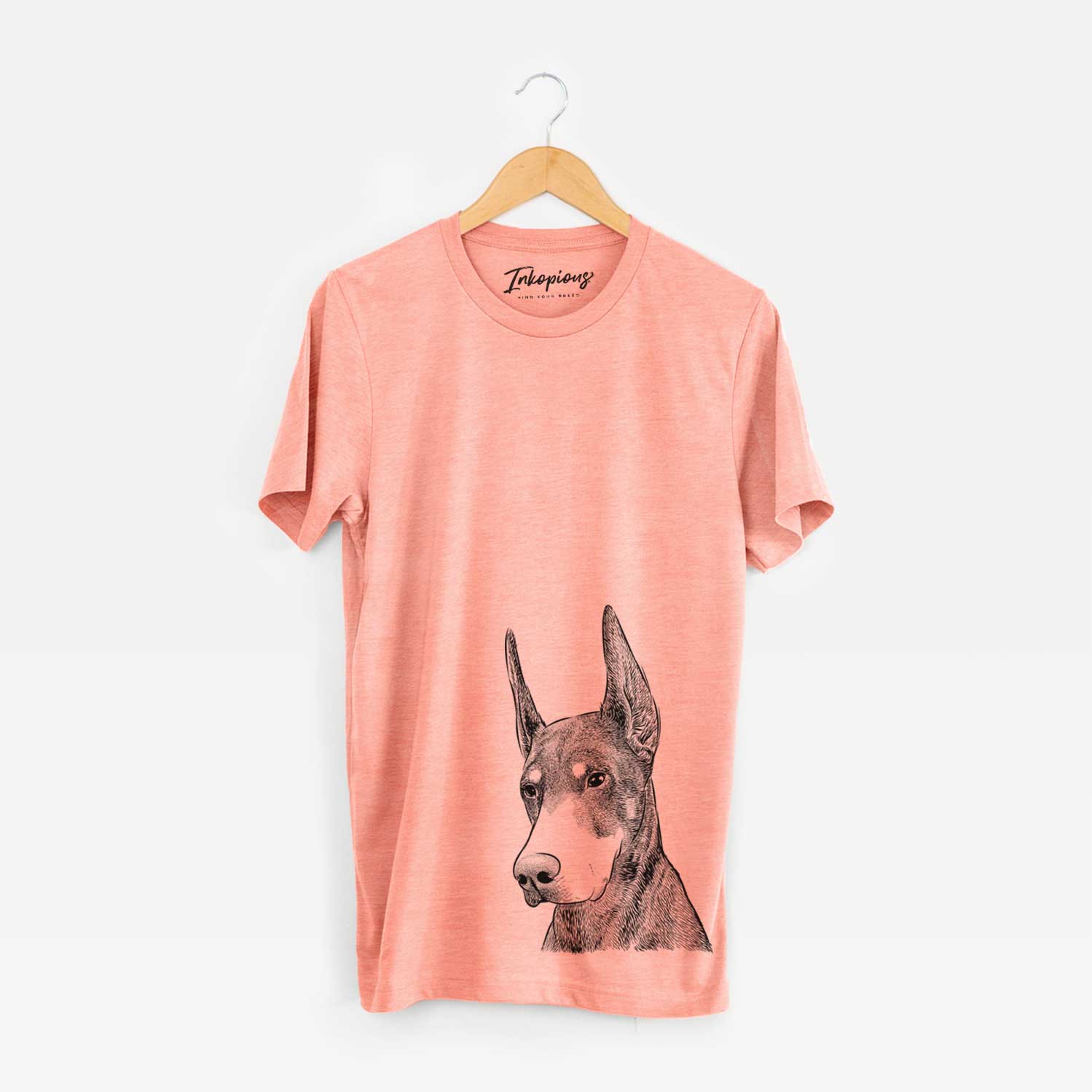 Hand-drawn sketch of Sunny the Doberman Pinscher on a Sunset Bella Canvas Unisex Crewneck