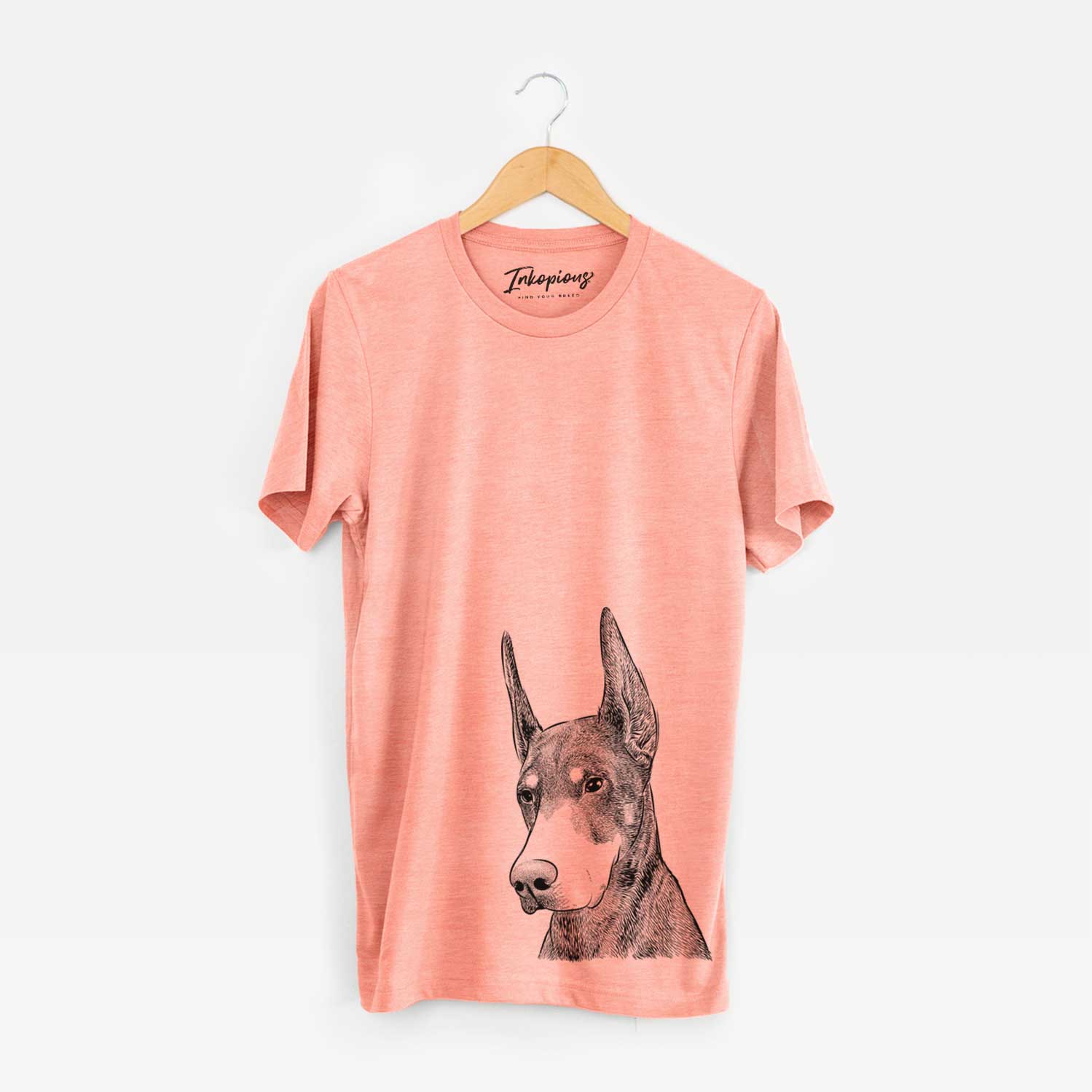 Hand-drawn sketch of Sunny the Doberman Pinscher on a Sunset Unisex crewneck