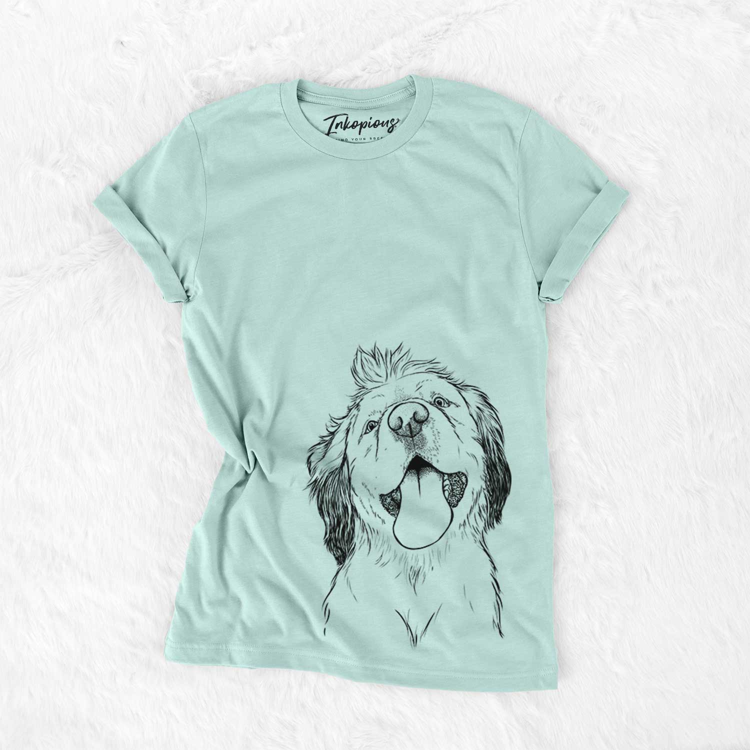 Hand-drawn sketch of Sven the Double Merle Spaniel Aussie Mix on a Heather Sage Bella Canvas Unisex Crewneck