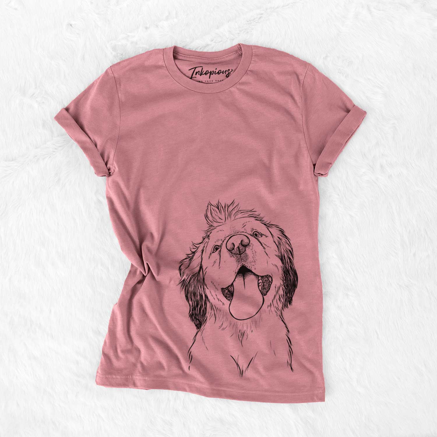 Hand-drawn sketch of Sven the Double Merle Spaniel Aussie Mix on a Mauve Bella Canvas Unisex Crewneck