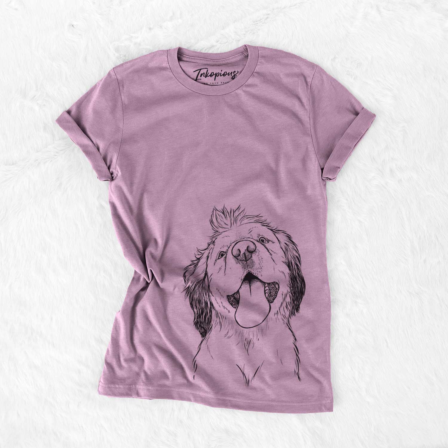 Hand-drawn sketch of Sven the Double Merle Spaniel Aussie Mix on an Orchid Bella Canvas Unisex Crewneck