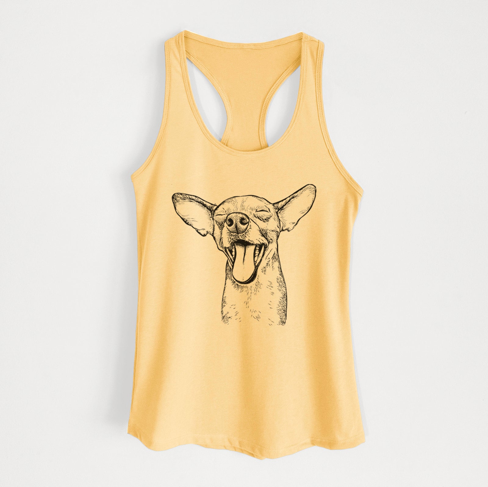 Hand-drawn sketch of SweetBailey the Chihuahua Mix on a Banana Cream Women's racerback tanktop